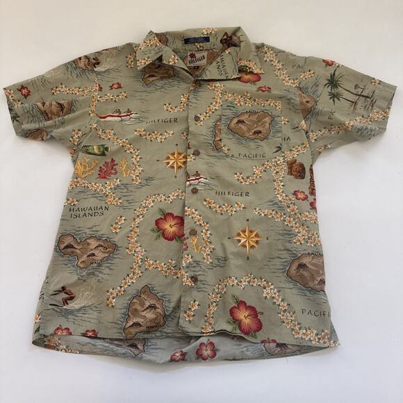 VTG Hilfiger Hawaiian Islands Shirt Multicolor Short Sleeve Aloha Camp Medium - Picture 1 of 11